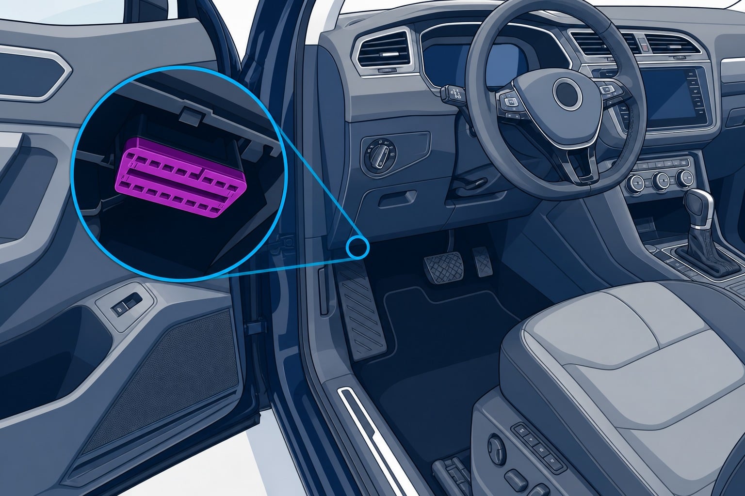 Interior de um veículo com destaque ampliado para a porta OBD-II abaixo do painel, ao lado do motorista