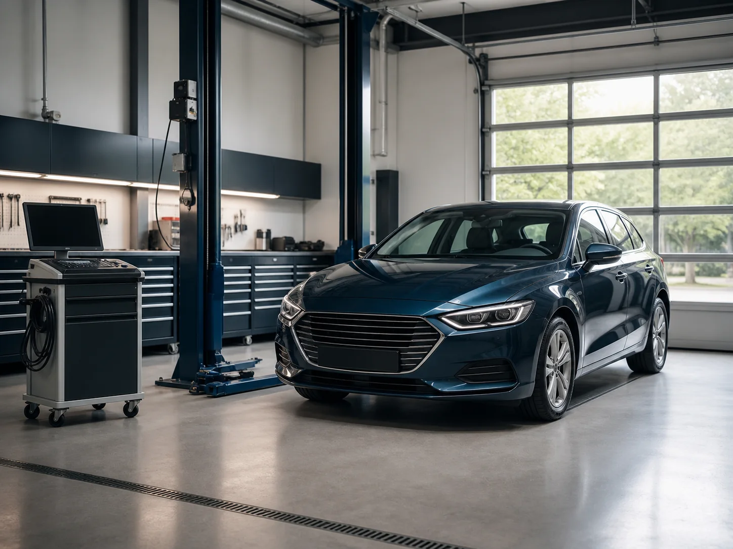 Oficina automotiva organizada, com veículo e equipamentos de diagnóstico